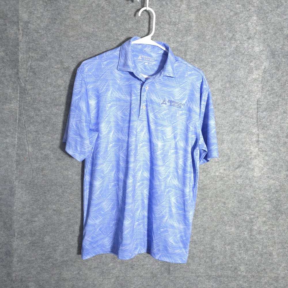 Bermuda Sands Golf Polo Mens Medium Blue Tropical Palm Print Performance Shirt